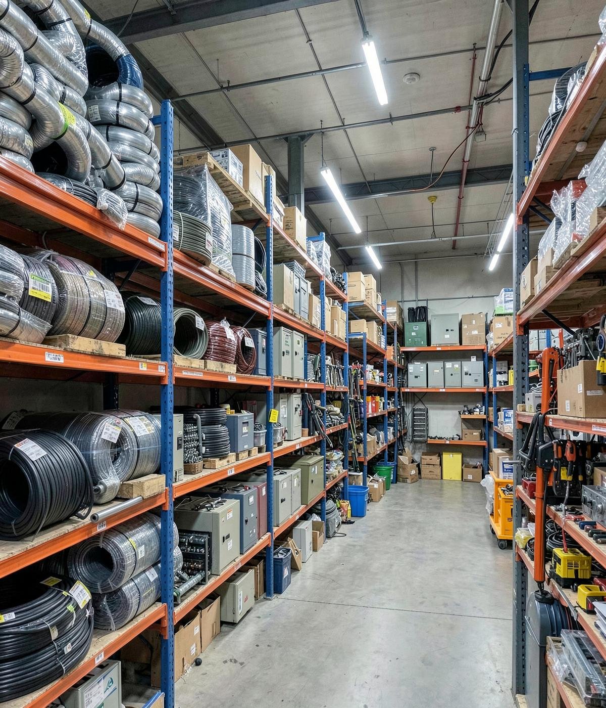 Shelves of cables, conduits, switchgear and hardware in a building materials store