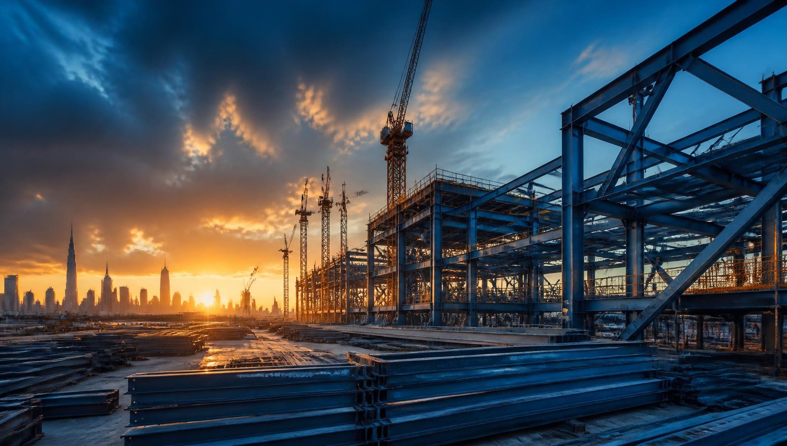 Steel frame structure and stacked building materials on a modern construction site at sunset
